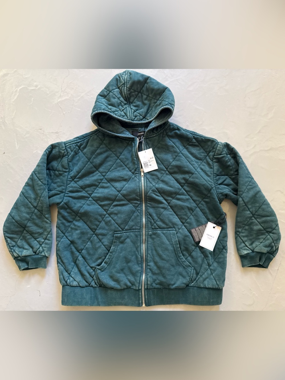 Forever 21 Quilted Hooded Jacket in Emerald Green Size Small